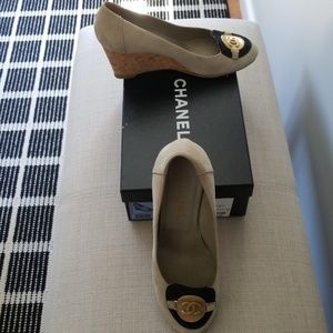 CHANEL authentic suede cork heel wedge- great cond